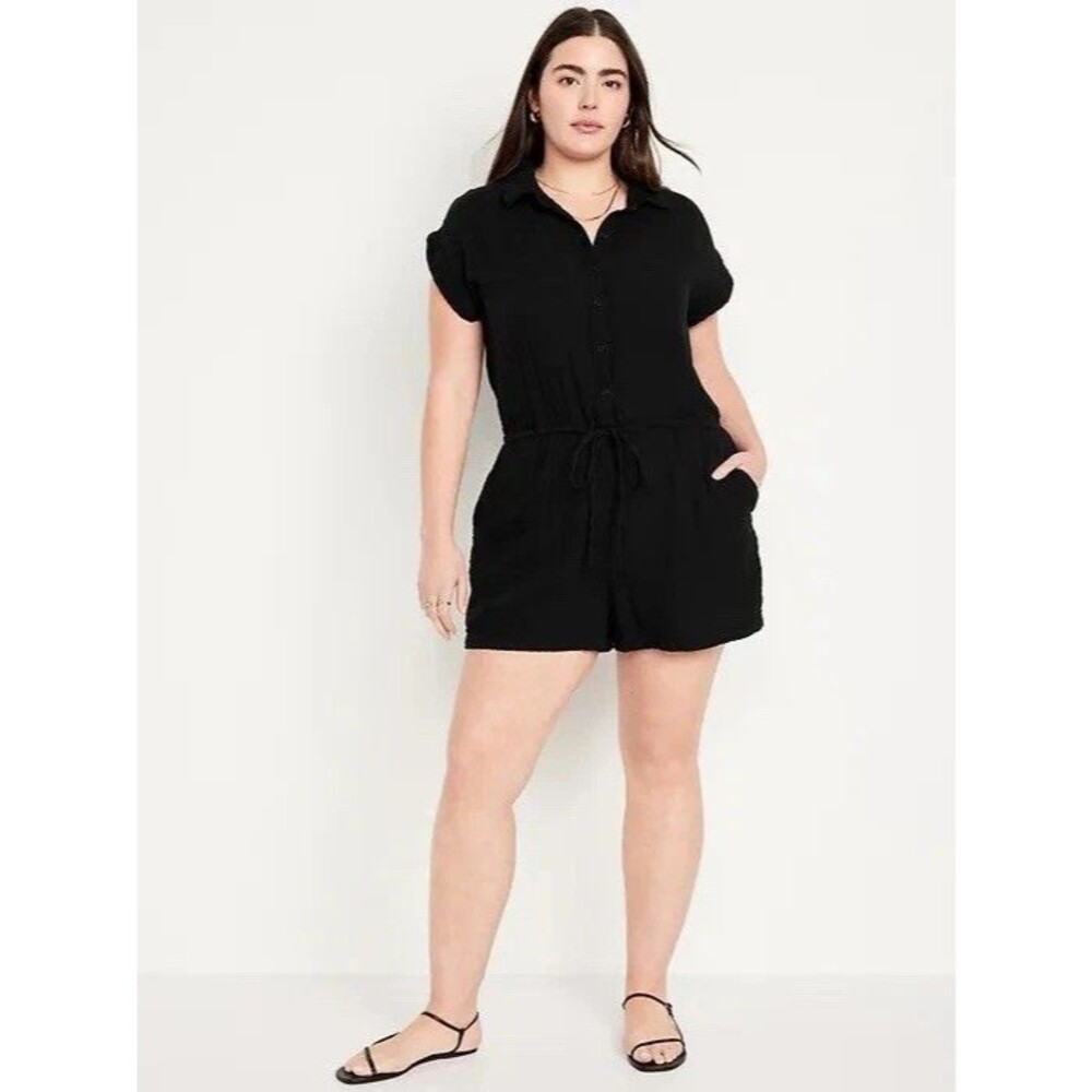 NEW Old Navy Tie-Waist  Crinkle Gauze Black Romper Beach Costal Tropic Med Tall